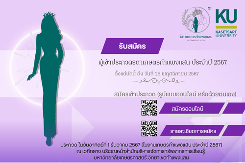 ขอเชิญผู้สนใจร่วมประกวดประกวดธิดาเกษตรกำแพงแสน ประจำปี 2567